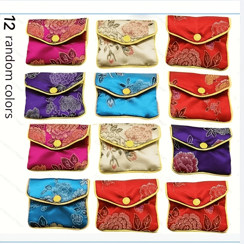 TEMU 12pcs Set Of Embroidered Silky Jewelry Bags With Button Closure, Made Of Polyamide Fabric, Ideal For Displaying And Storing Jewelry And Gifts,