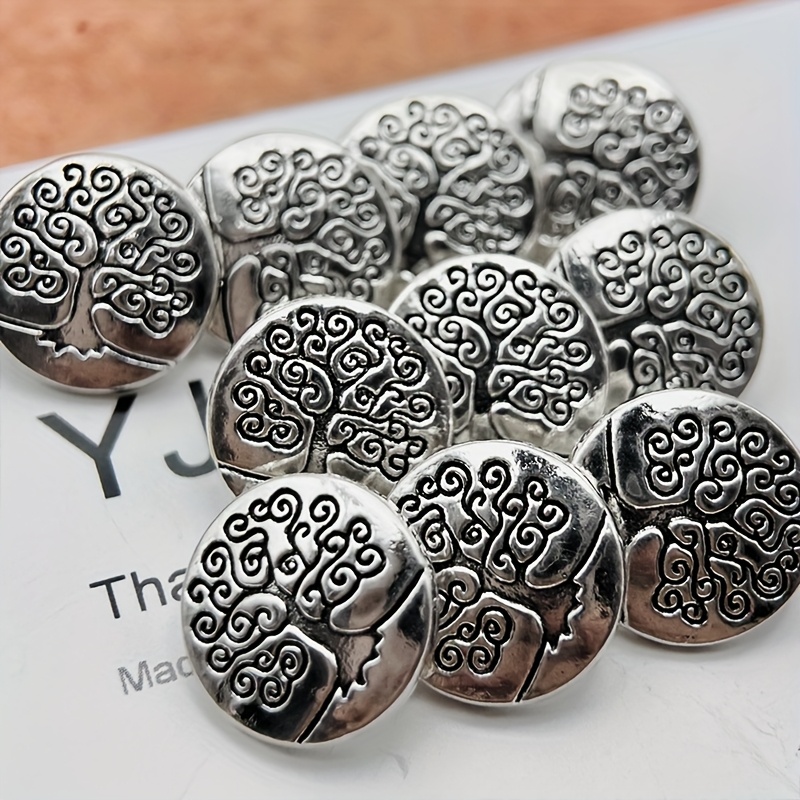 Image of 10 Large Tree Metal Buttons, 14.5mm, Round Shape, Engraved Tree Pattern, Vintage , Metal Material, For Knitting, Suitable For , Formal Wear, Coats, Sweaters, Jackets, Shirts, Suits, Outerwear, Dresses