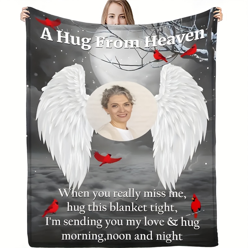 

1pc Cozy Personalized Fleece Throw Blanket With Photo, Customized Memorial Quilt With "a Hug From Heaven" Design, , Knitted Polyester, 200-250gsm - Contemporary Style