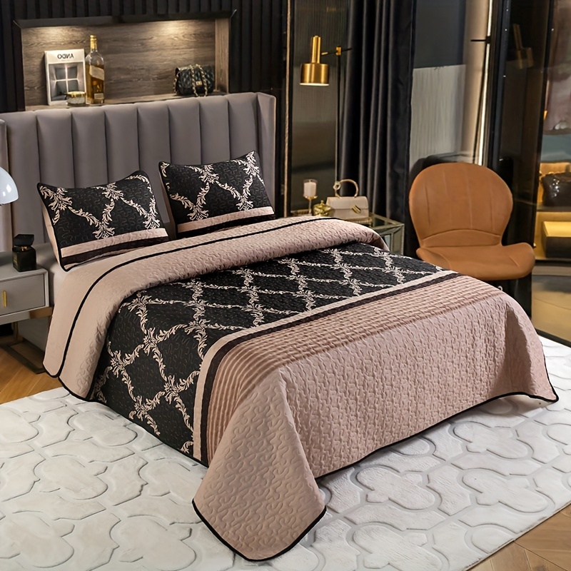 Temu – TEMU 3pcs Frayed Printed Quilted Bedding, European Black Floral Bedding