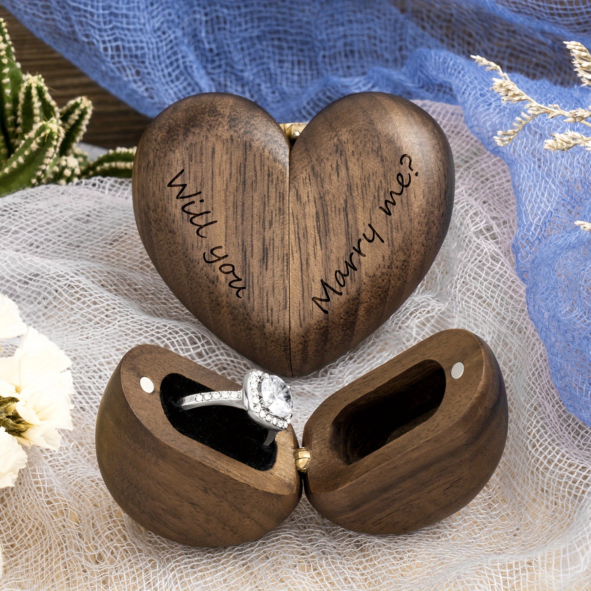 

Wooden Engagement Ring Box With "" Inscription, Heart-shaped Wedding Proposal Ring Holder, Jewelry Display & Packaging Case