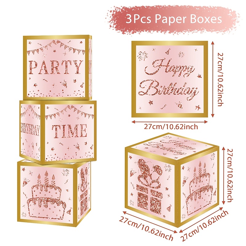 Image of Set Of 3, Pink And Golden Birthday Balloon Box, 27cm, Pink And Box For Birthdays, Decorative Background, Happy Birthday Party Decor, Supplies For Birthday Parties, Baby Shower Decorations