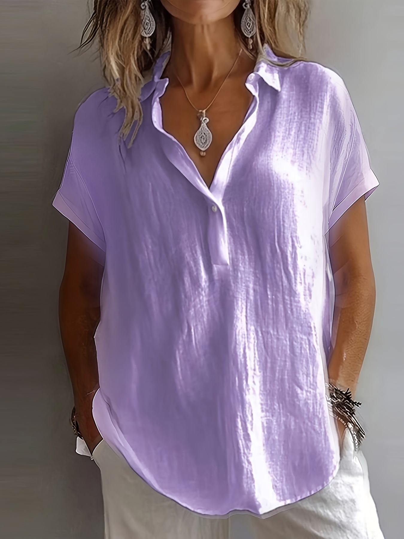 plus size plus size multi color   new exquisite elegant directional semi open neck short sleeve all match womens plus size shirt