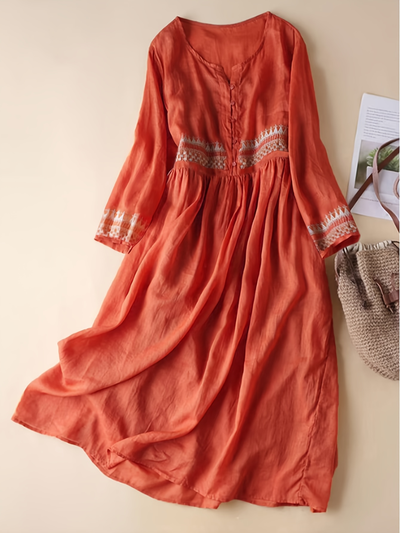 temu women's cotton dresses * Women's * Minimalist Vacation Linen Texture Round Neck Dress, Summer Short Sleeve with Diagonal Button Placement, Irregular Hem Maxi Dress, Relaxed Style and Figure-Flattering Artistic Dress,