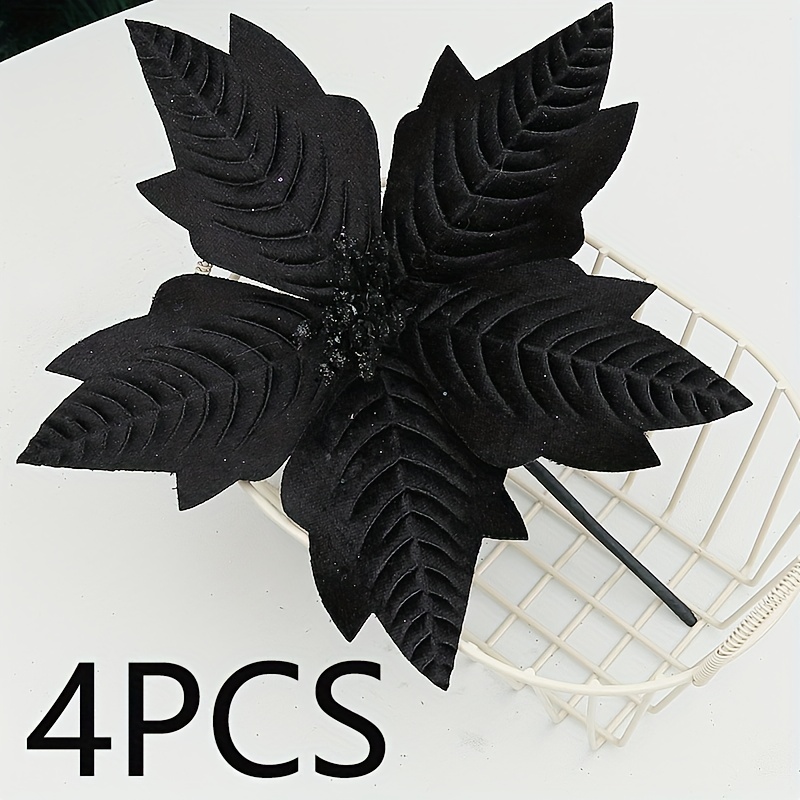 TEMU 4pcs Black Artificial Flowers For Christmas Party Black Christmas Artificial Flower Poinsettia Flowers With Stems For Holiday Party Xmas Tree
