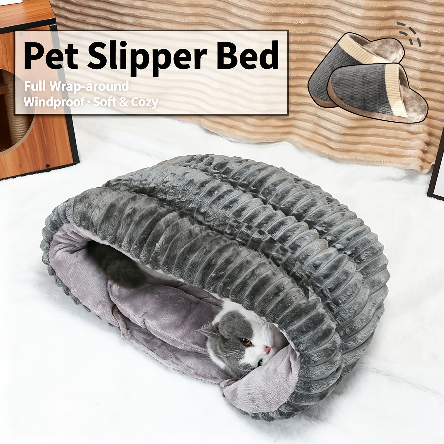 immagine dell'articolo cuccia a forma di pantofole per  ,   per animali domestici a forma di grotta completamente chiuso e antivento,   letto caldo in peluche,   per cani di   taglia e  