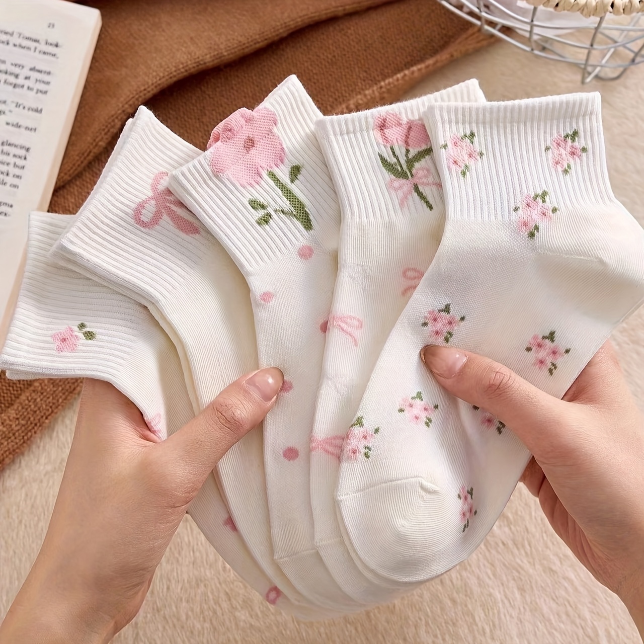 E-shop 5 Paar reine Damen-Kurzsocken, dünner Sommerstil, niedliche vielseitige niedrig geschnittene Socken in Rosa Weiß im japanischen Stil