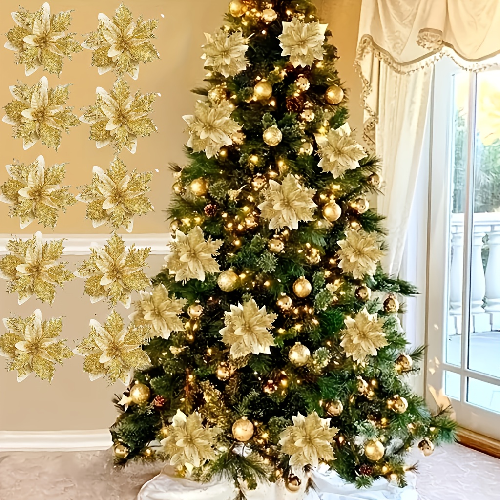 36pcs Shiny Golden Faux Christmas Poinsettia - (12 Flowers + 12 Clips + 12 Stems = 36), No Electricity Required, Perfect for Christmas Tree Decorations, Garland Embellishment, Wedding & New Year Holiday Celebrations, Seasonal Home Decor