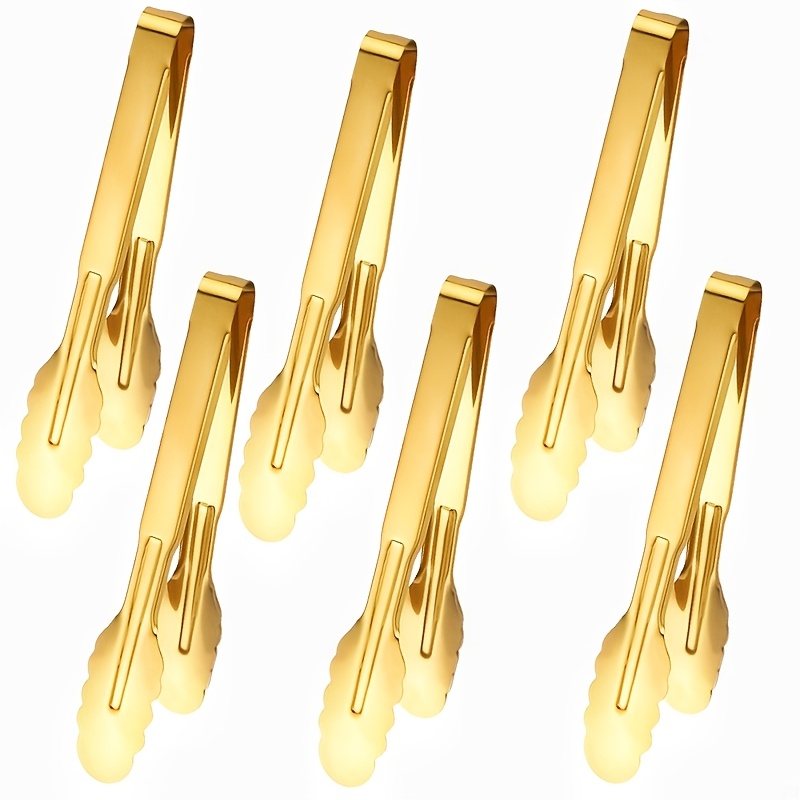 TEMU 6pcs Stainless Steel Serving Tongs Golden Or Silver Plated 9inch Heavy Duty Durable Bbq Clamps Design For Weddings Parties Banquets Buffets