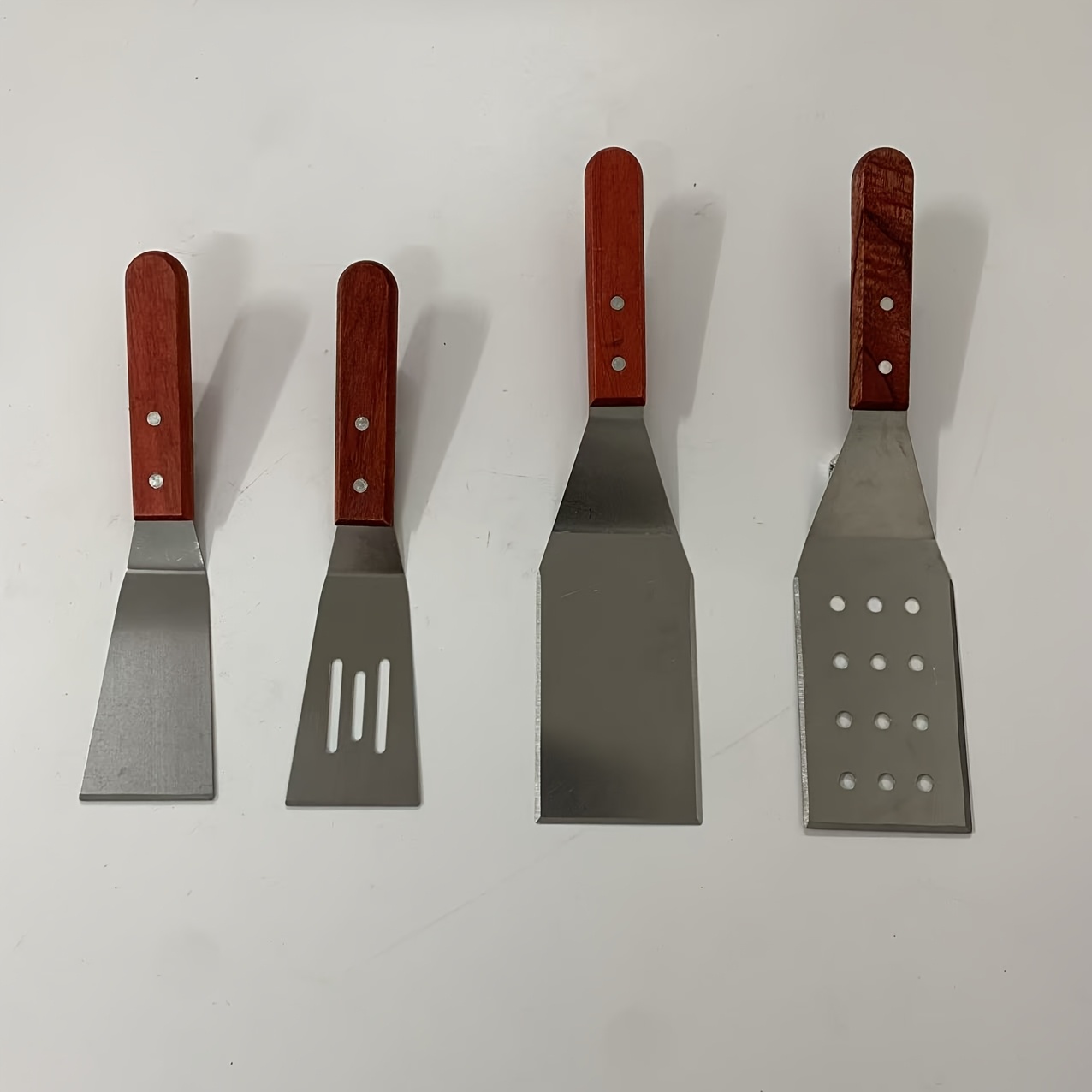 TEMU 4pcs Wooden Handle Stainless Steel Teppanyaki Cooking Spatula Set, Suitable For Steak, Fried Eggs, Hand-shredded Pancakes, Fried Fish, Fried