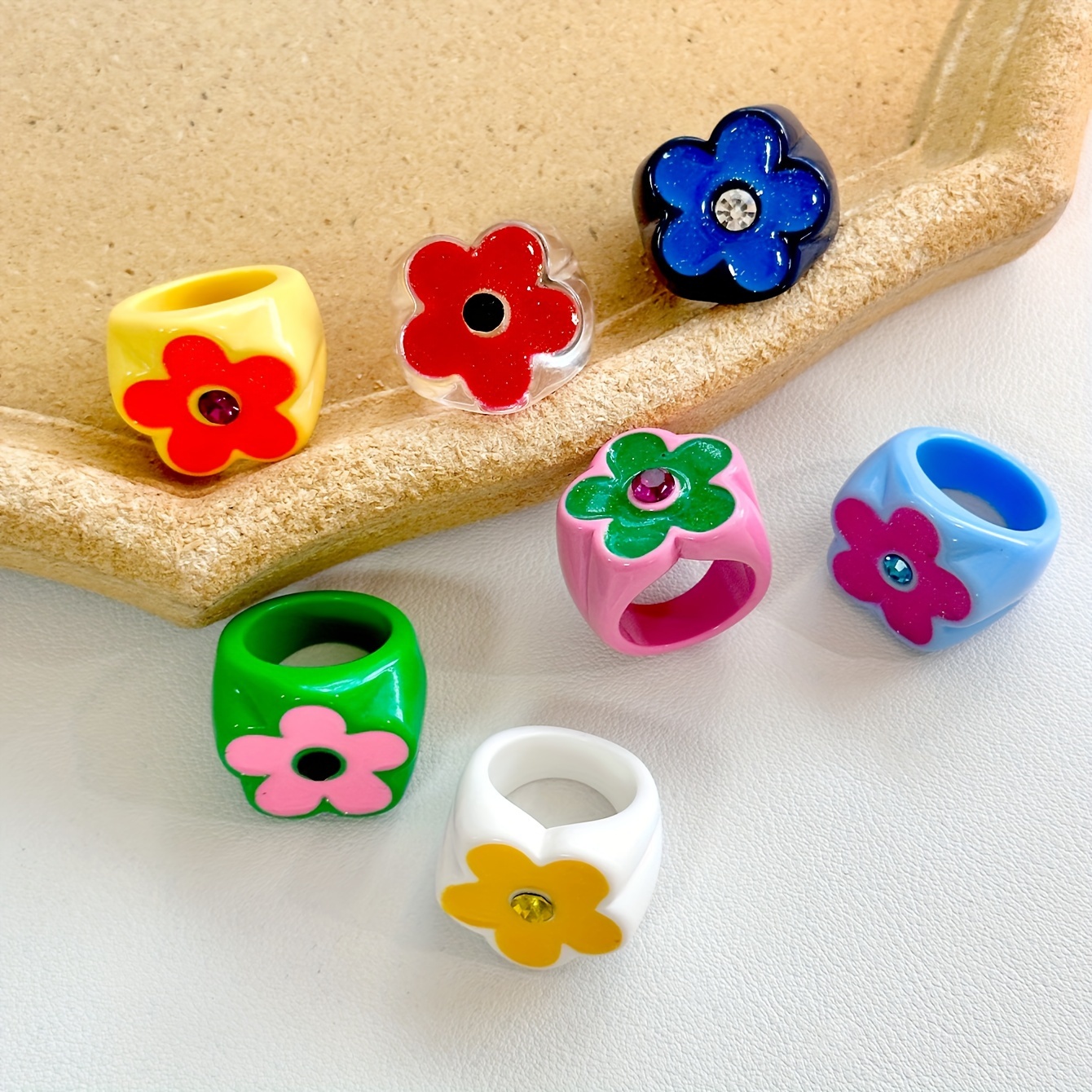 7pc Colorful Flower Resin Ring Set, Fashionable Gift