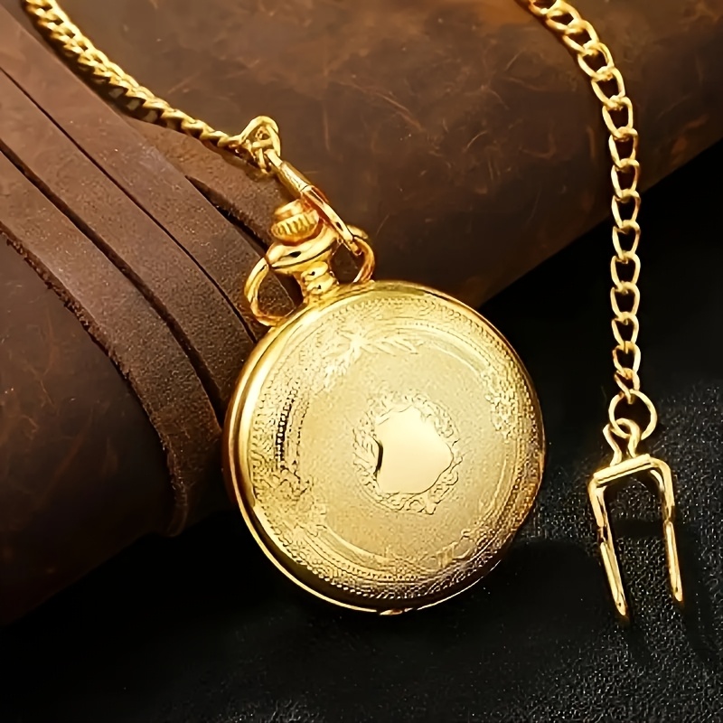 item picture mens vintage   pocket watch with hollow carved case quartz movement engraved round dial   ideal collectors gift for men