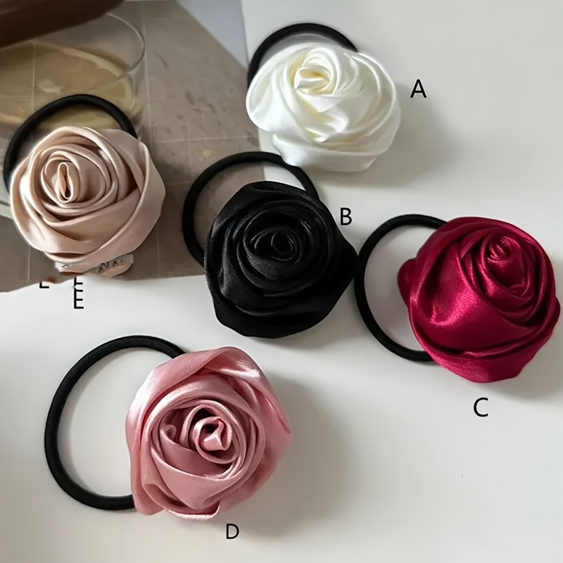 E-shop 5 Stk. Satin-Rosen-Haargummis im französischen Stil für Pferdeschwänze, schlichte, ätherische, süße Vintage-High-End-elastische Haarbänder für