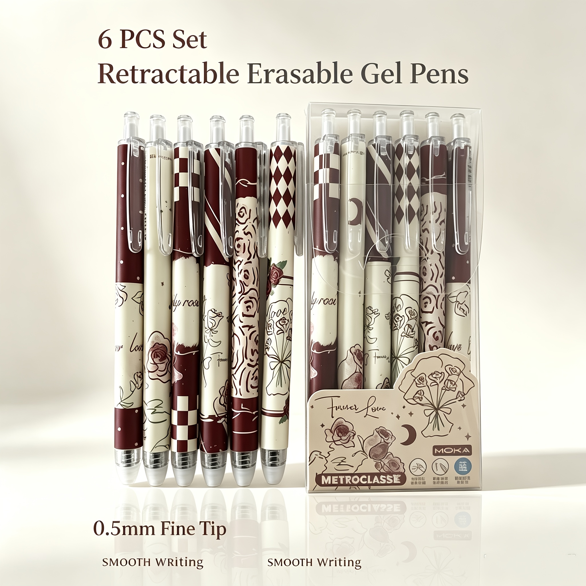 TEMU 6pcs Red Rose Retractable And Neutral Pen Set, Blue Refills, Exquisite And High Aesthetic V, , Study Stationery, School Supplies, Test-taking