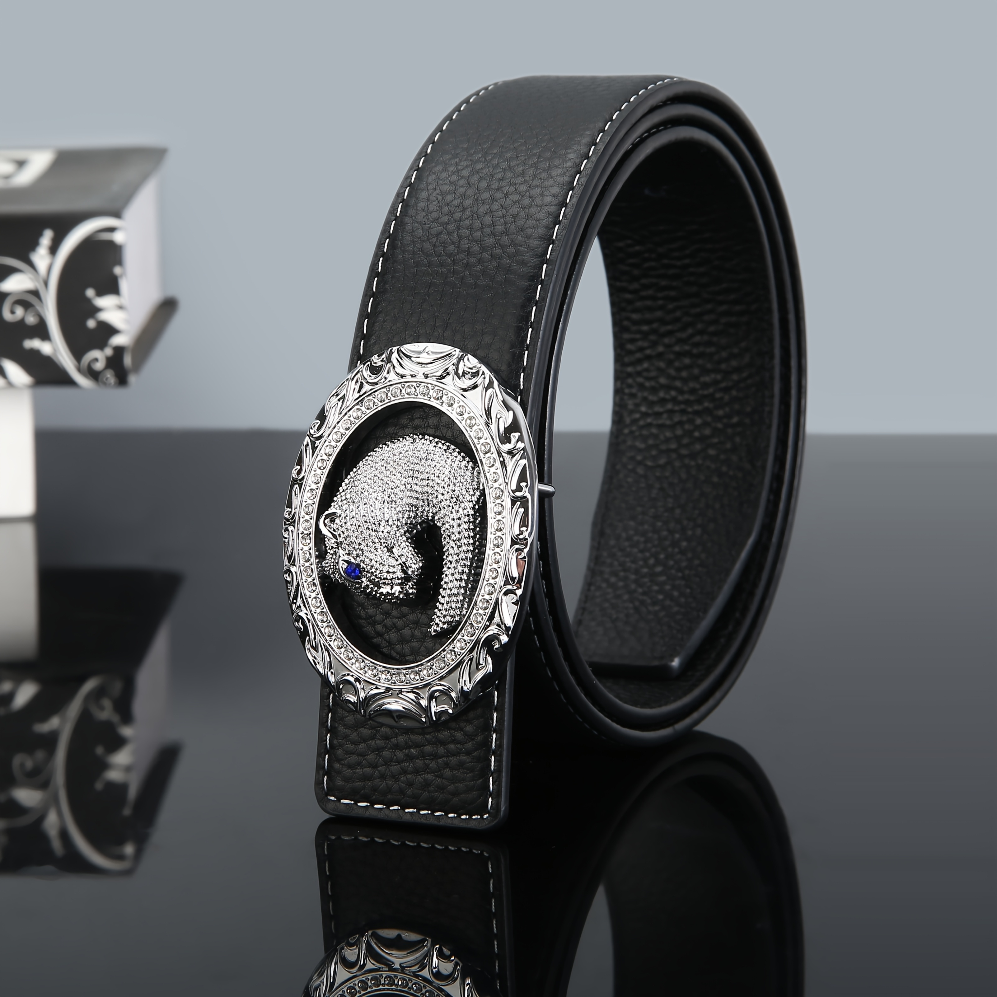 Double sided Top Layer Cowhide Belt With Diamond studded Leopard Head Buckle