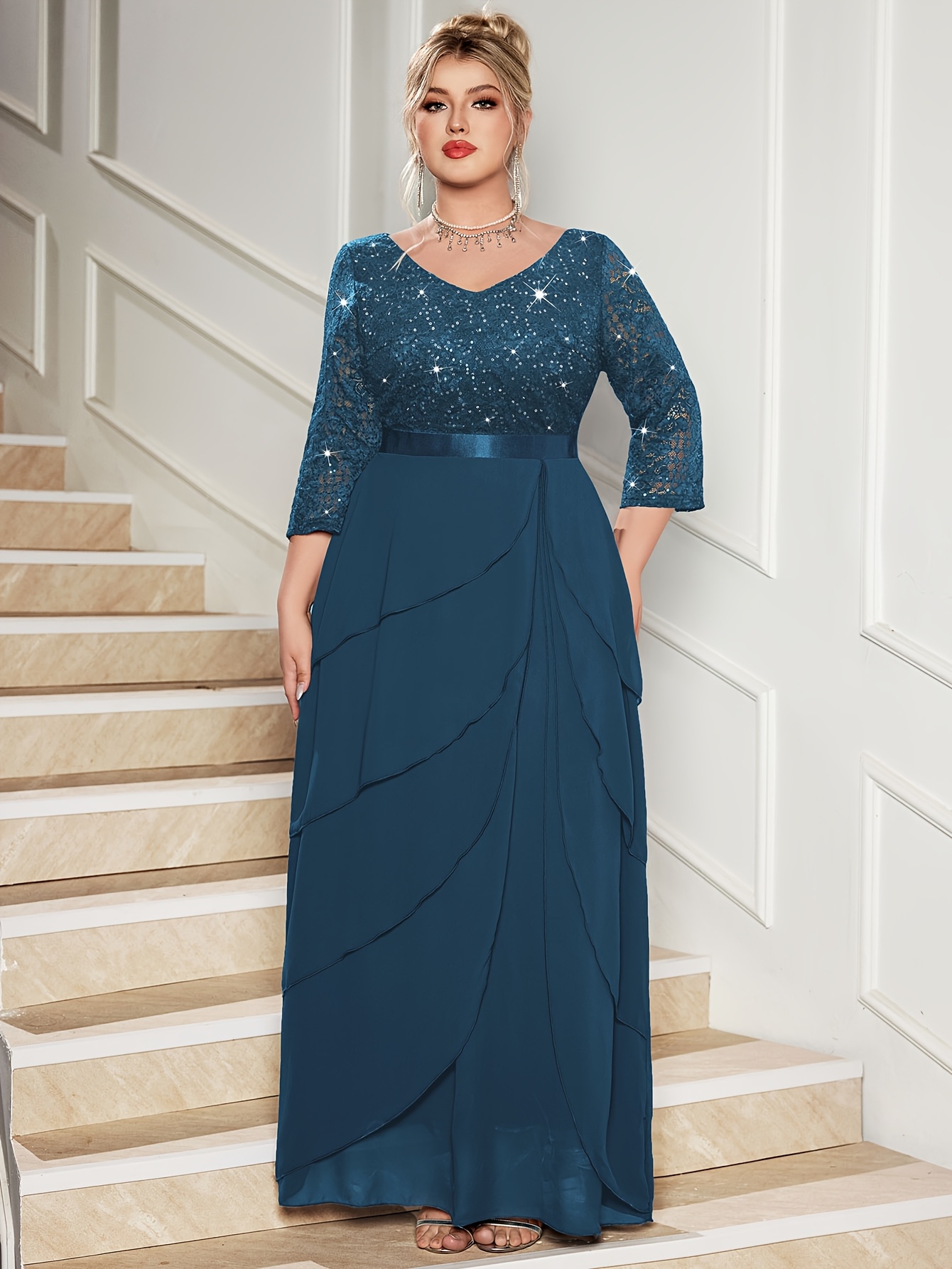 dusty blue plus size formal dress Wedtrend Women's Grey Blue A Line V Neck Tulle Embroidered Leaves Plus Size  Bridesmaid Dress – WEDTREND