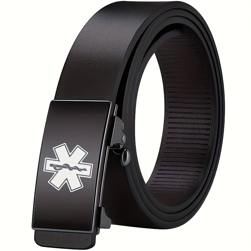 TEMU Men's Belt Featuring An Automatic Cross And Medical Emblem, Suitable For Black Business Casual Jeans And Formal Trousers, Compatible With Pant