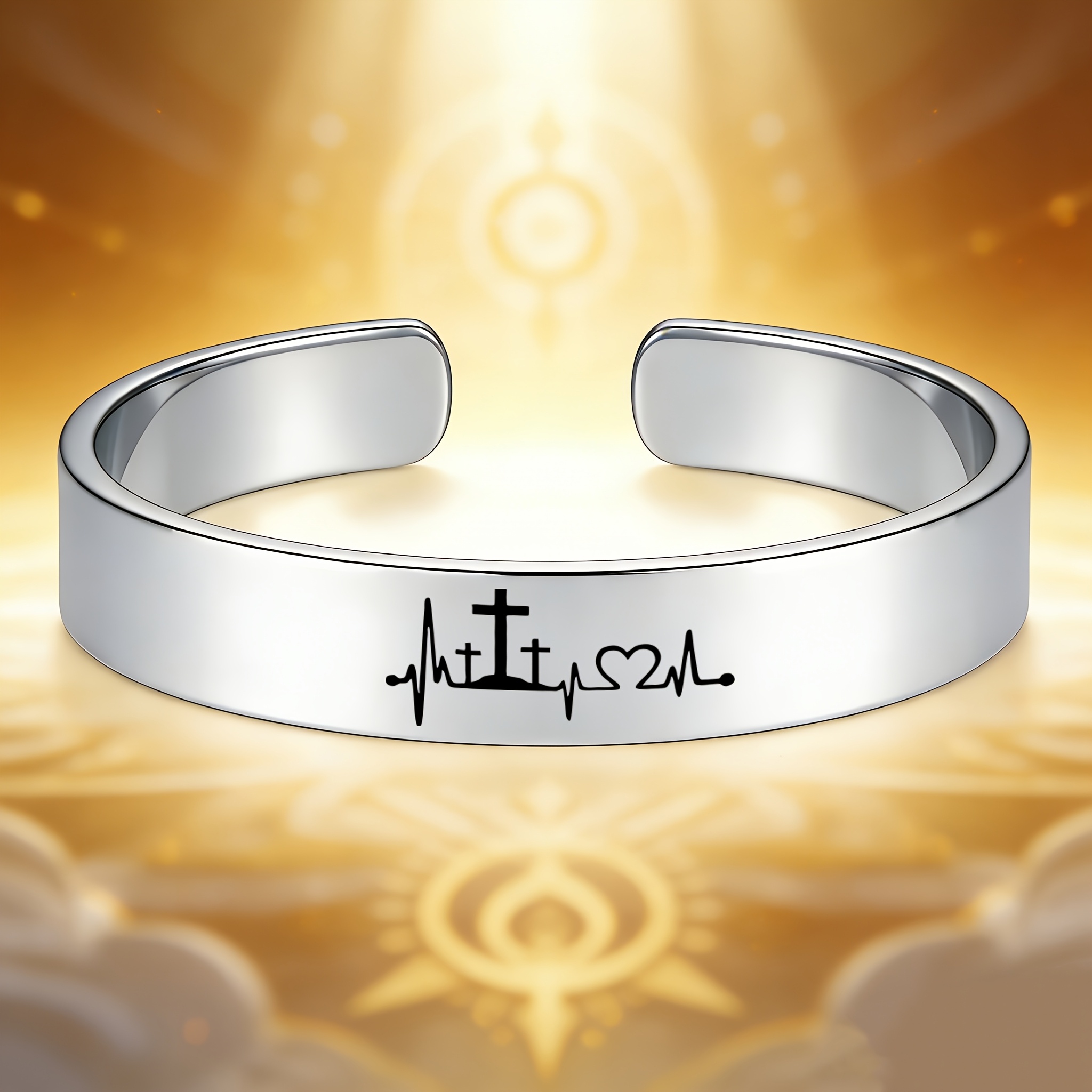 Minimalist Religious Heart Cross Stainless Steel Open Bangle