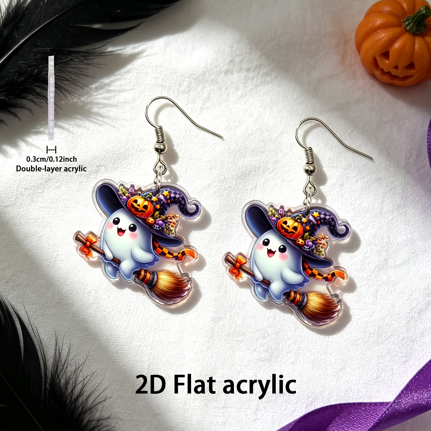 2D Flat Acrylic Witch Broom & Dangle Earrings