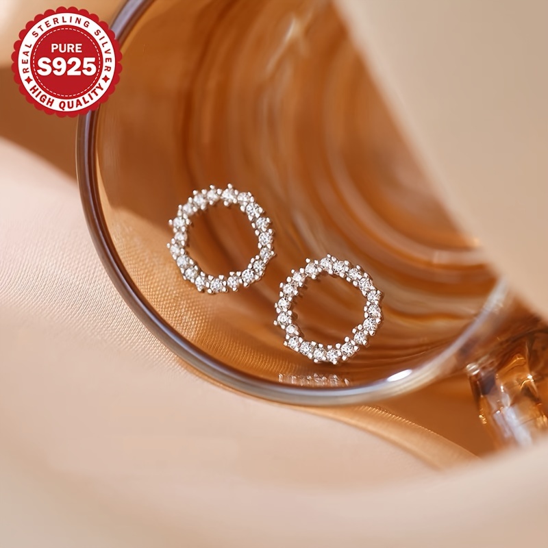 Image of 1 Pair Of S925 Sterling Silver Zirconia Circle Stud Earrings, Versatile, Fashionable And Beautiful Design, Sparkling, Suitable For Banquets And Daily Wear, For Her, Hypoallergenic
