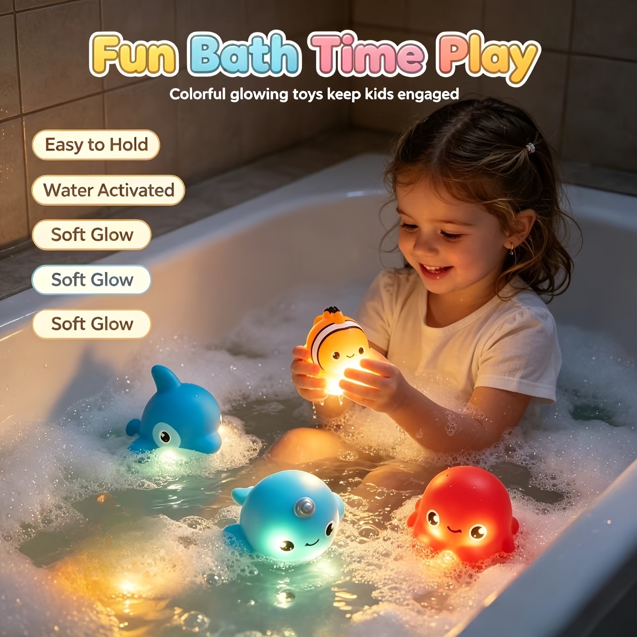 4pcs No-Hole Bath Toys, Light-Up Sea Animals Set