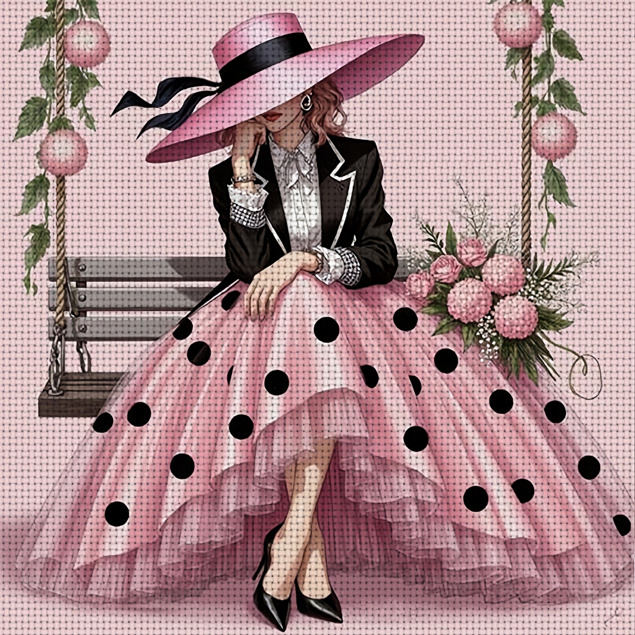 TEMU Kit d'Impression de Point de Croix DIY, Cadre, Avec "Fille en Robe Rose sur une Balançoire". Parfait pour les Débutants pour Profiter d'une