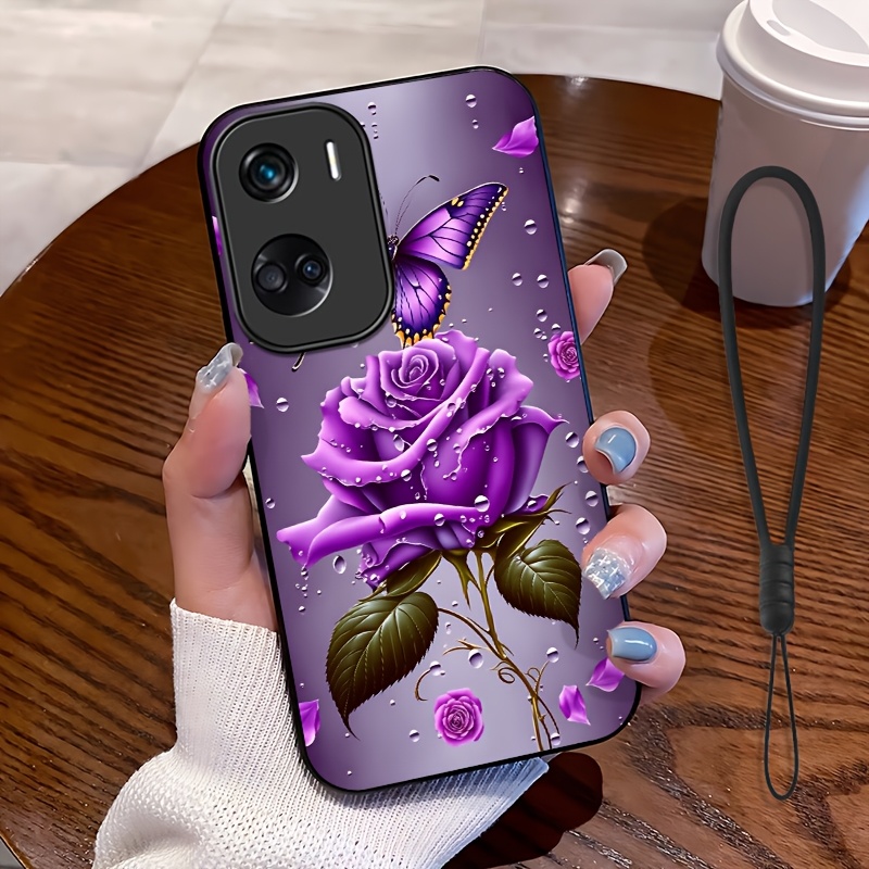 TEMU Phone Case - 2d Flat, 2pcs Set: Includes 1 Phone Case And 1 Strap, Purple Pattern Phone Case, Suitable 90 Lite | 50 Lite, Unisex Lanyard Phone