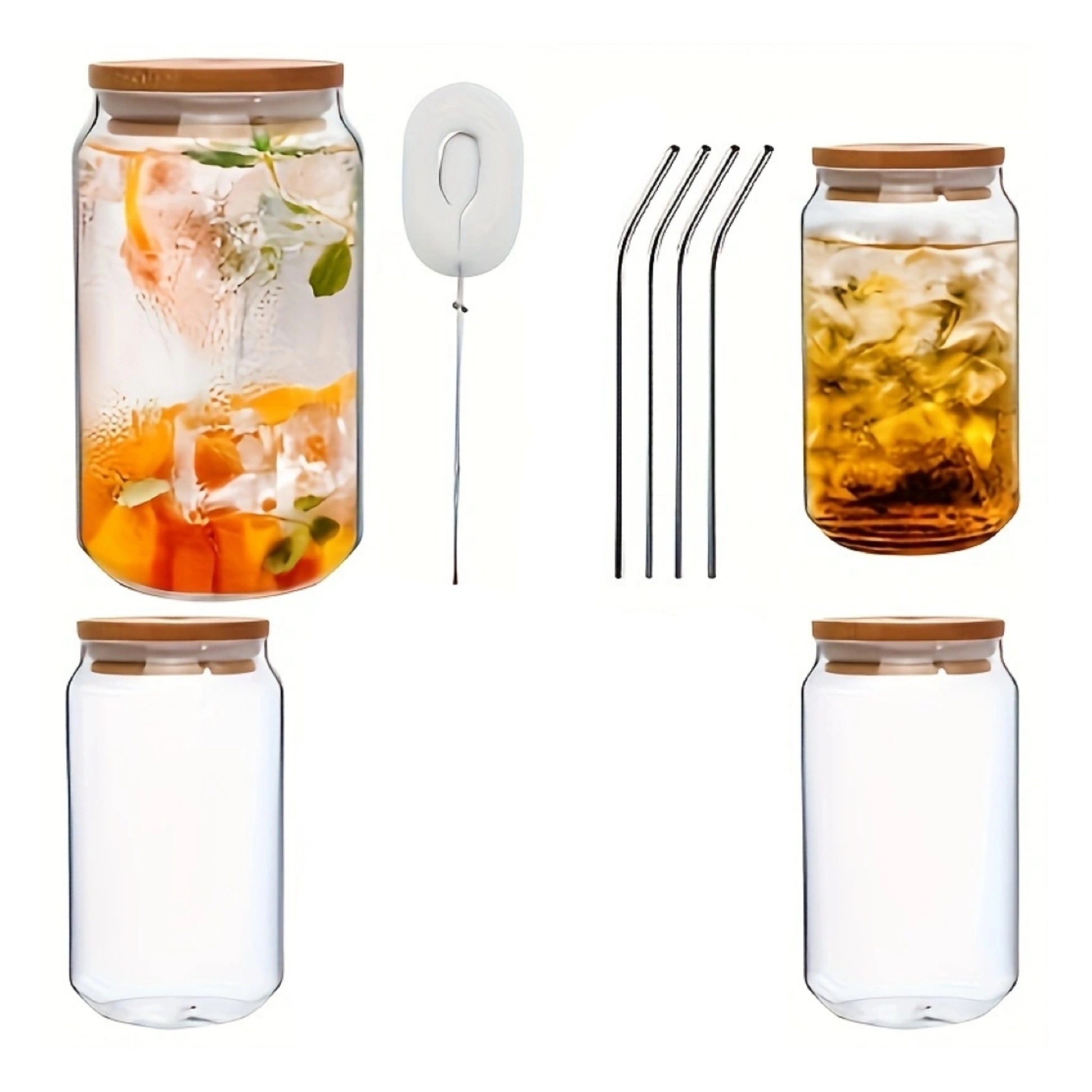 Drinking Glasses with Bamboo Lids and Glass Straw 4pcs Set - 16oz Can  Shaped Cups, Beer Glasses, Iced Coffee Cute Tumbler Cup, Ideal for  Cocktail