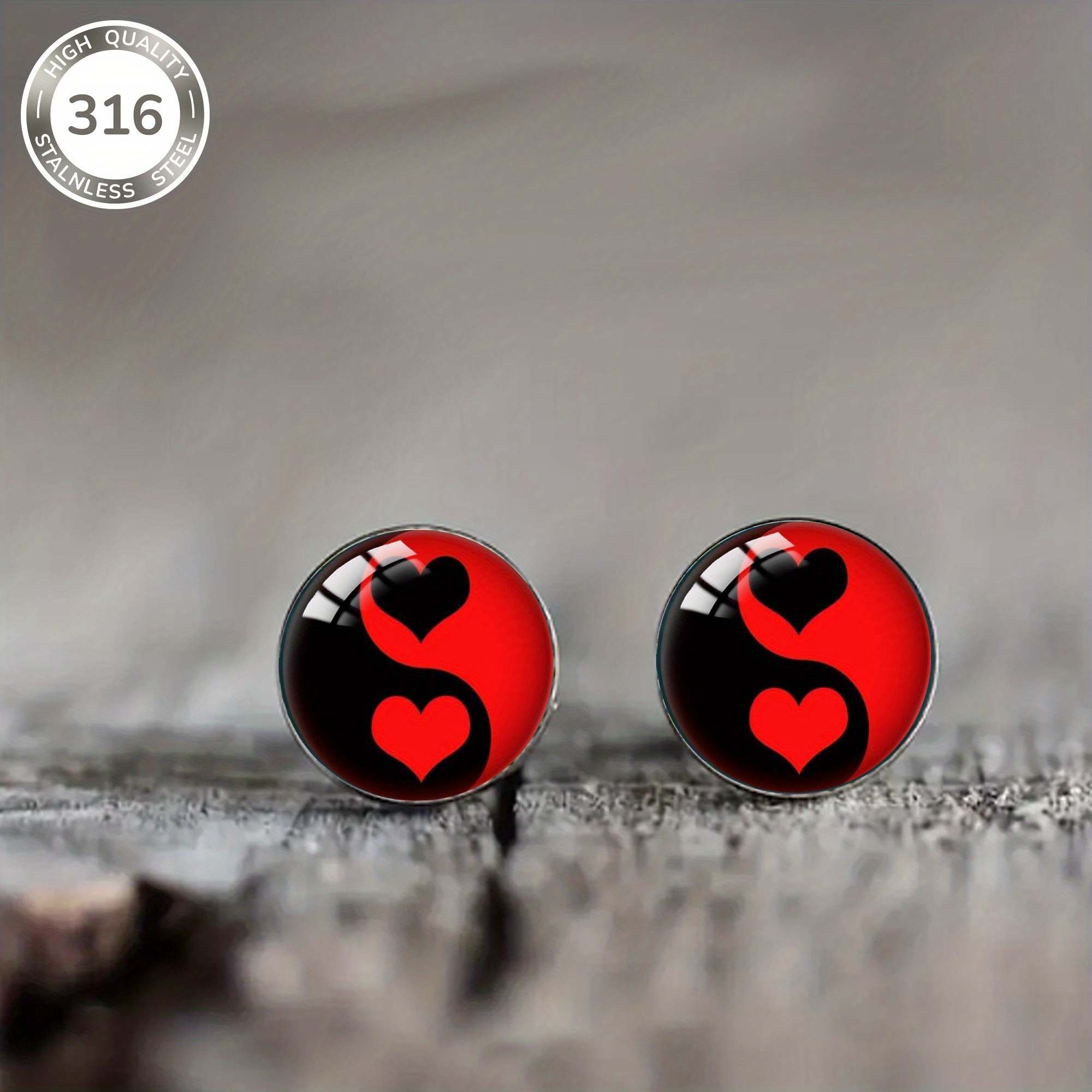 1pair Black And Red Heart 316stainless Steel Stud Earrings, Classic Vintage Style Men And Women Daily Vacation Travel Jewelry Ear Studs