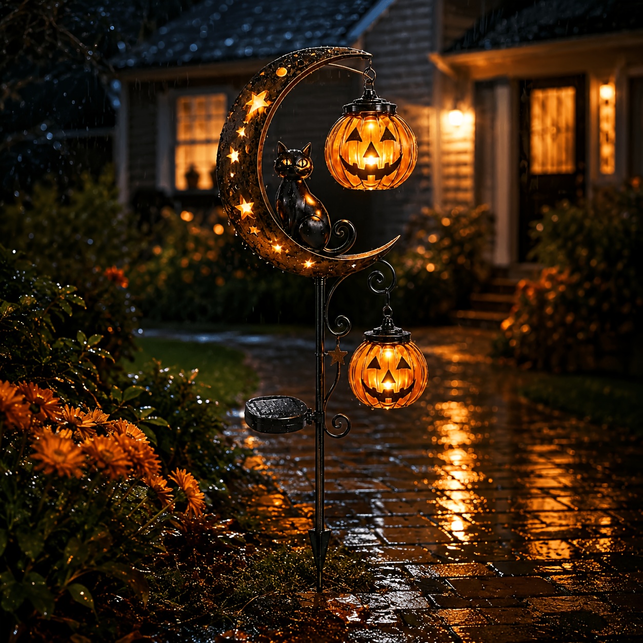 3d halloween solar garden plug in light crescent black cat double pumpkin lantern led small street light automatic switch warm light horror glow jack   courtyard lawn terrace decoration rustic wrought iron weathering outdoor decorations