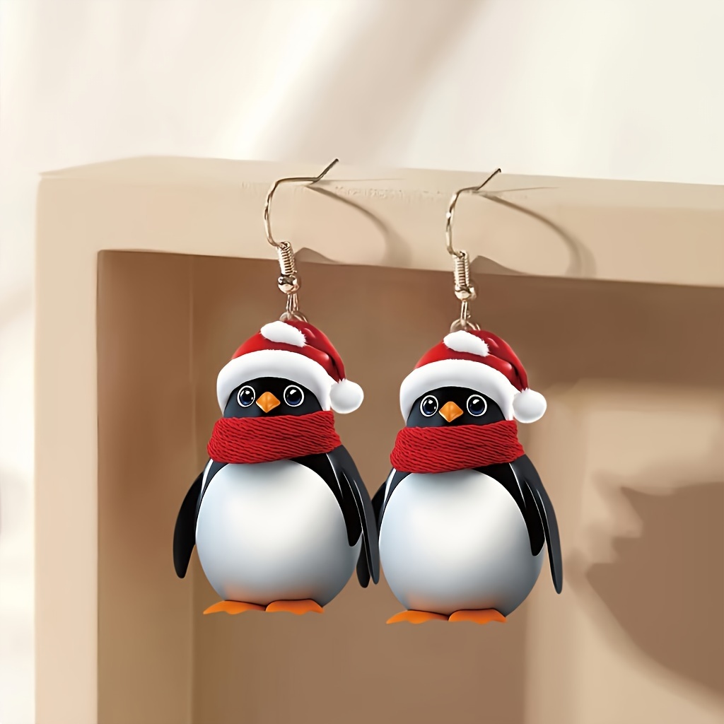 

Cute Penguin With Christmas Hat Acrylic Dangle Earrings - Party Gift For Women, Best For Christmas