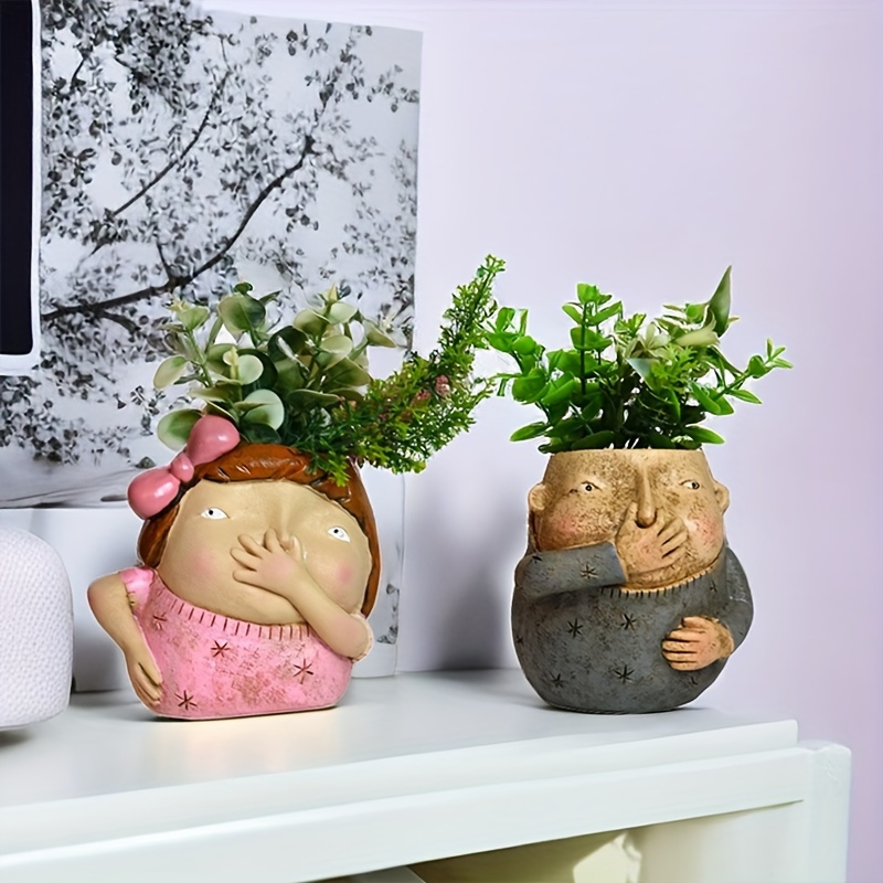 

Resin Pinching Nose Boy & Girl Figurines Flowerpot - Decorative Succulent Planters For Home & Garden, Ideal Gift For Family And Friends (1pc)