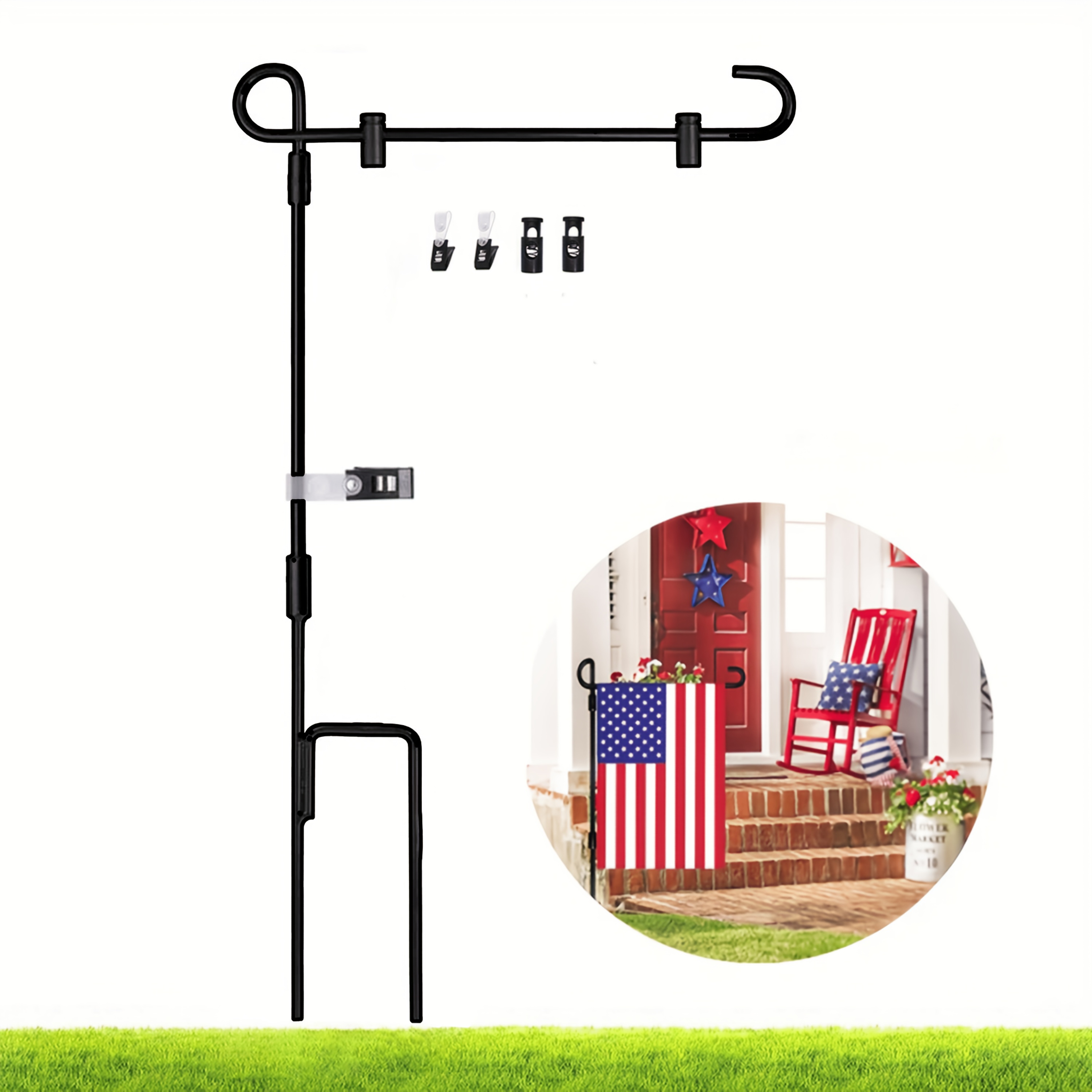 TEMU Black Metal Garden Flagpole Set, Detachable Plug-in With 2 Windproof Clips And 2 Fixing Rings, Is Suitable For Outdoor Courtyard, Lawn And