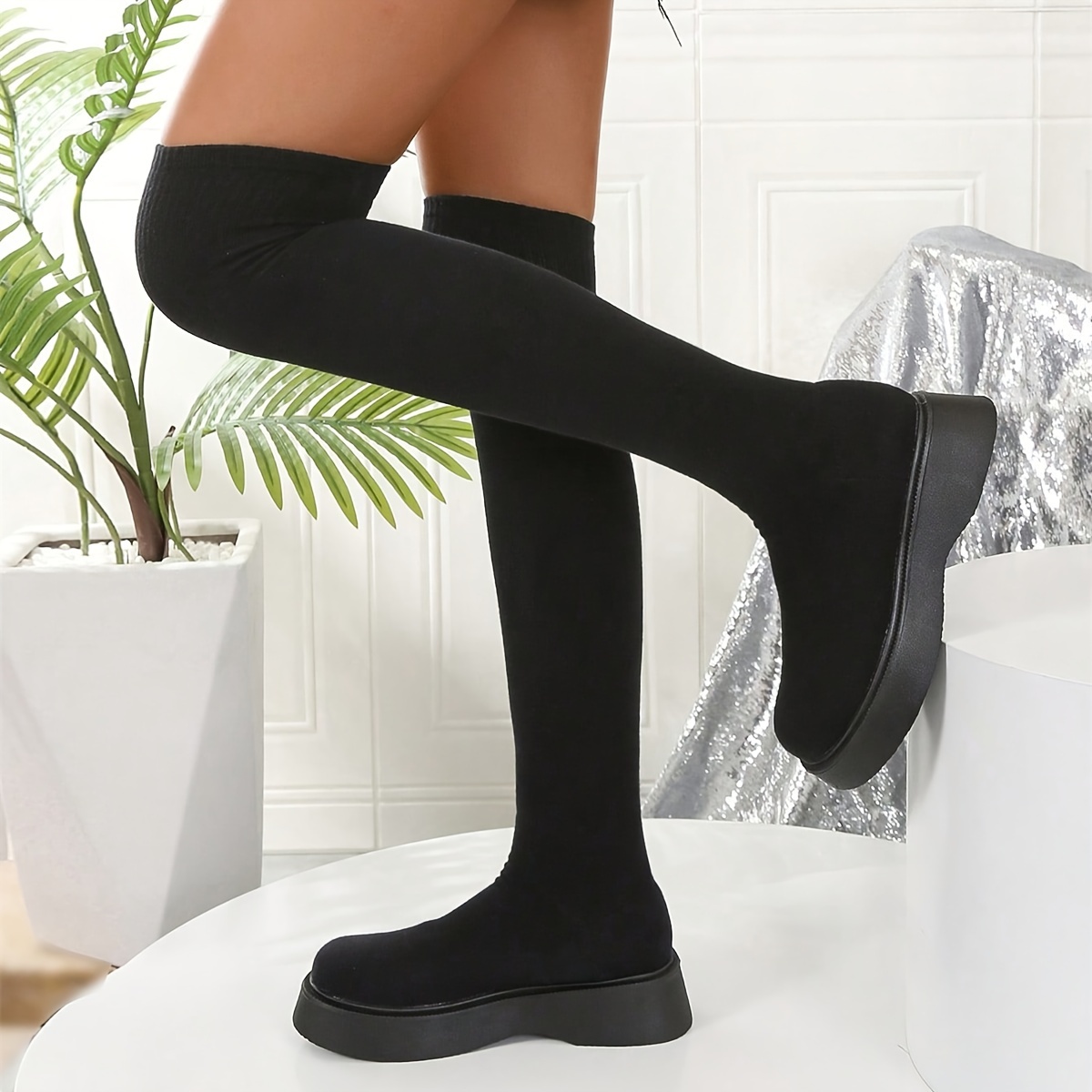 

Chic Women' Stretch Over-the-knee Boots - Slip-on, Round Toe With Heel For Fall & Winter