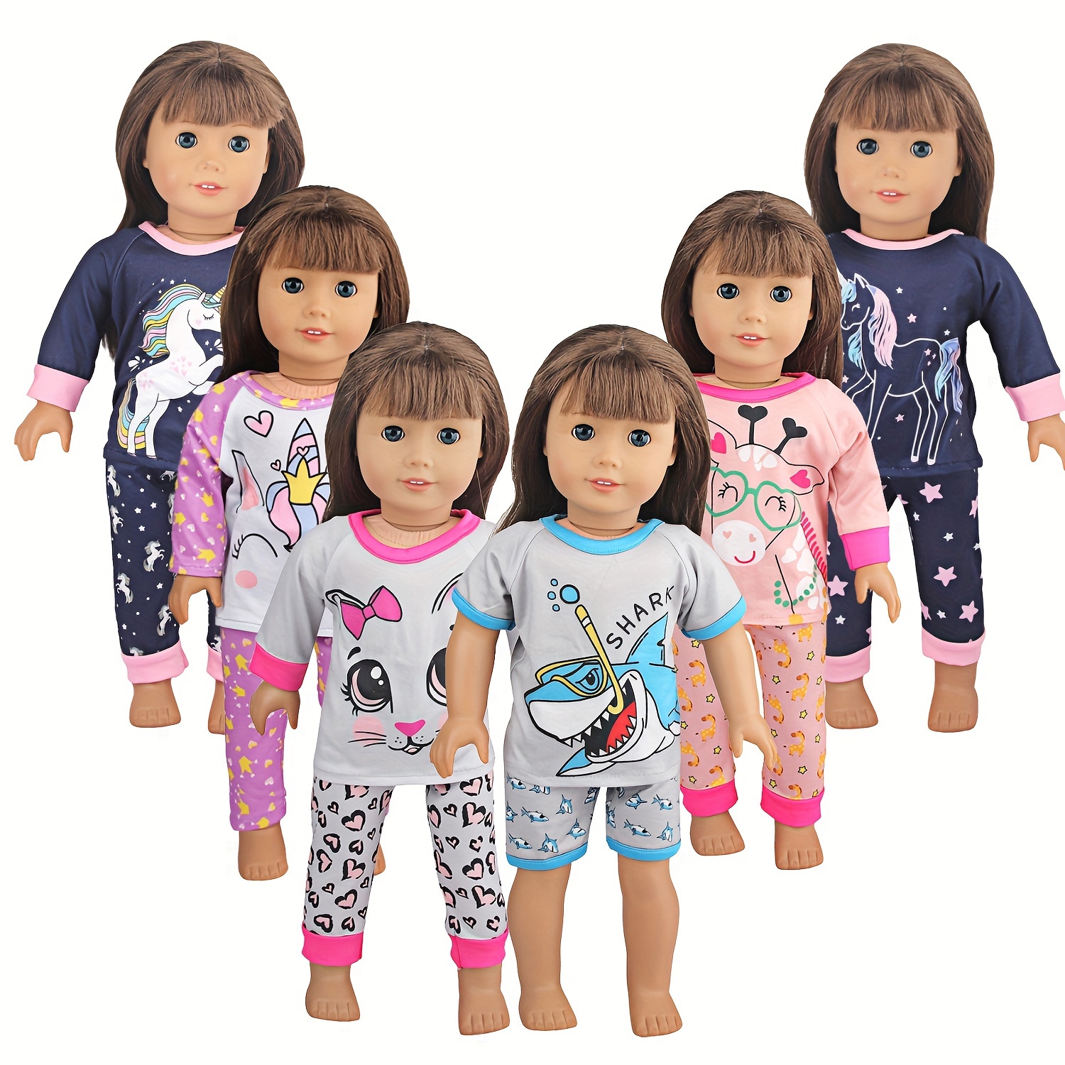 

A Set Of Cute Cartoon Unicorn, Cat, And Shark Pajamas + Pants Suitable For 18in Doll, Doll And Shoes Not Included