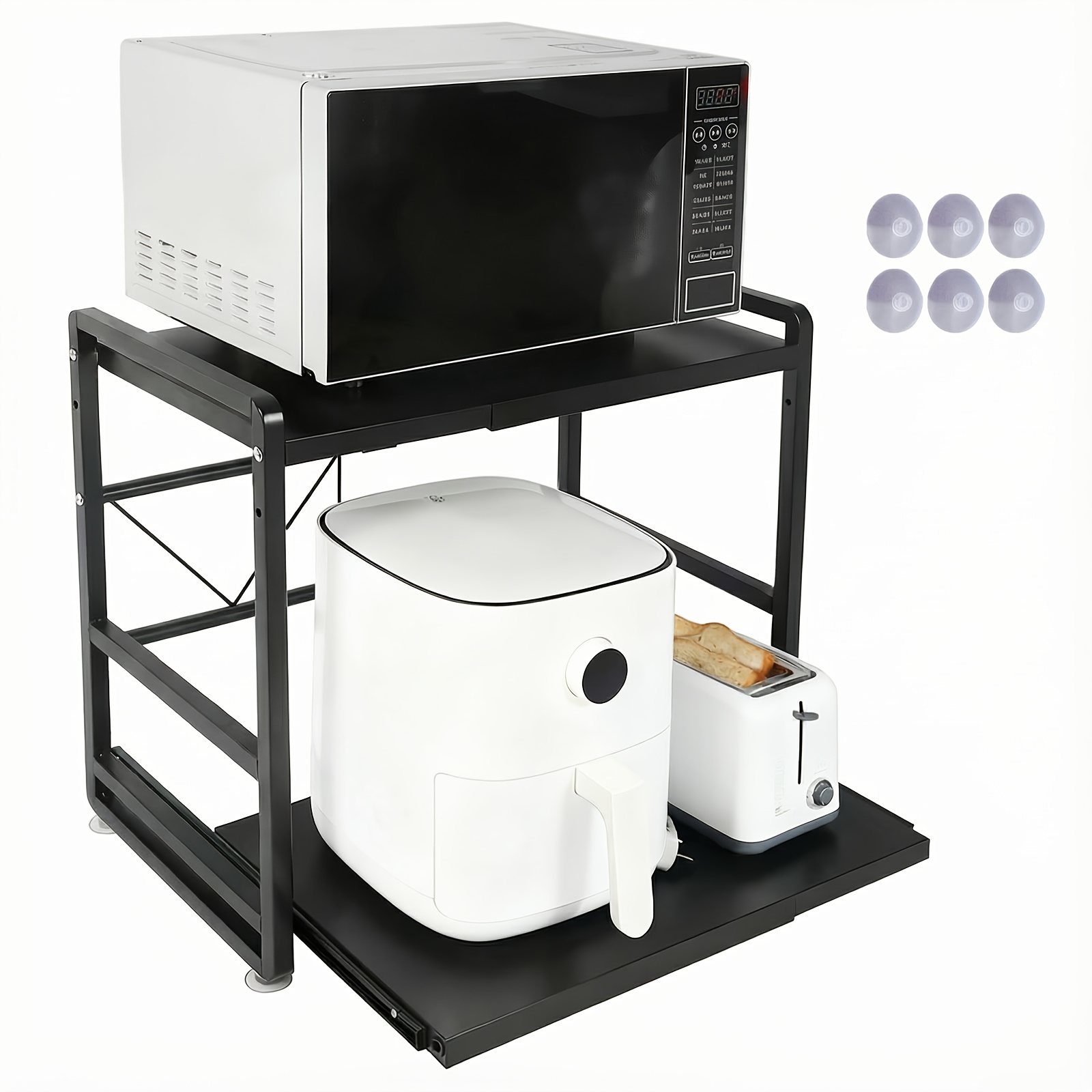 Two-tier Microwave Stand | Adjustable Height, Pull-out Kitchen Shelf With Drawer, Includes Hooks And Reinforced Suction Cups, , Black, Iron Material By Ubravoo