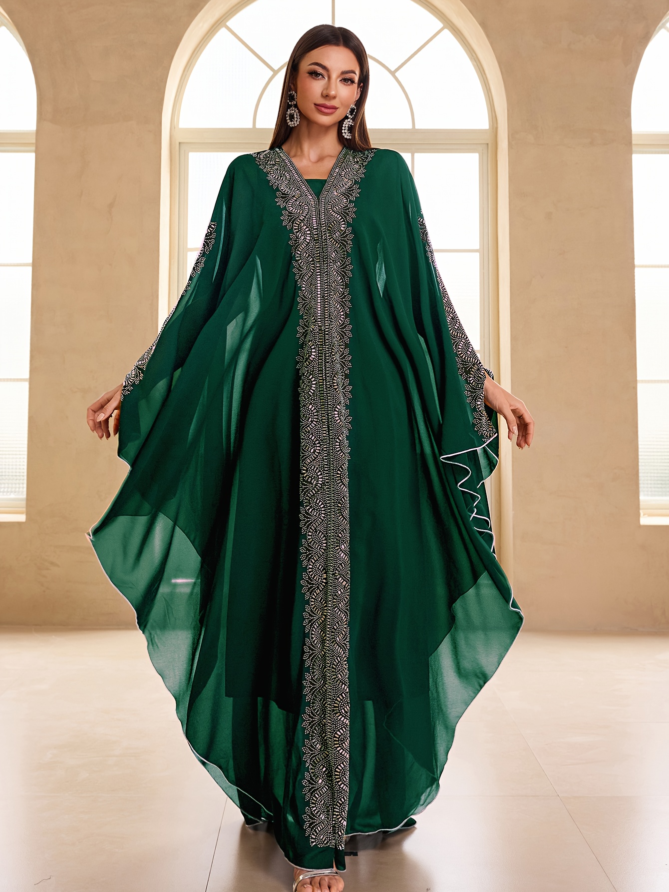 Women'S Modest Festival Dress Elegant Arabic Style Chiffon V-Neck 2pcs  Set, Long Sleeve Kaftan with Floral Pattern Wear