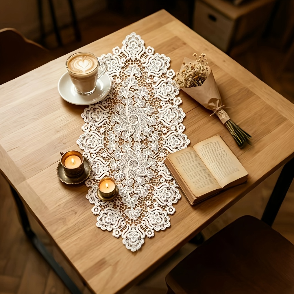 TEMU 1 Chemin de table élégant en dentelle blanche, 1pc, Nappe ovale avec découpes florales, Dessous de verre, Toutes , Convient pour table à