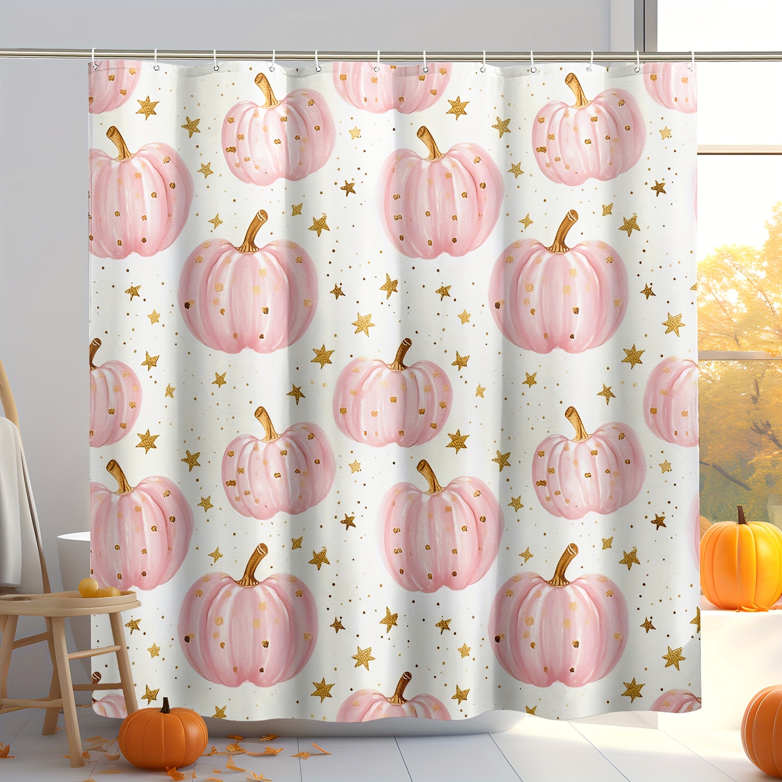 

Water-resistant Fall Shower Curtain With Cute Pumpkin Design, Yellow And Pink Polyester Curtain With Stars, 71x71 Inch, Pastoral Theme, Includes 12 Hooks, Machine Washable For Bathroom Decor.