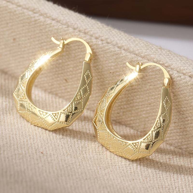 TEMU Oval-shaped Golden Hoop Earrings With Intricate Hand-carved Designs