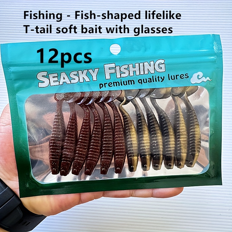 TEMU 12pcs Fishing Lure Set, T-type Soft Bait, Fish-shaped Fishing Lure, Tpe Tear-resistant Bionic Bait, Fishing Tackle Supplies, For Saltwater And