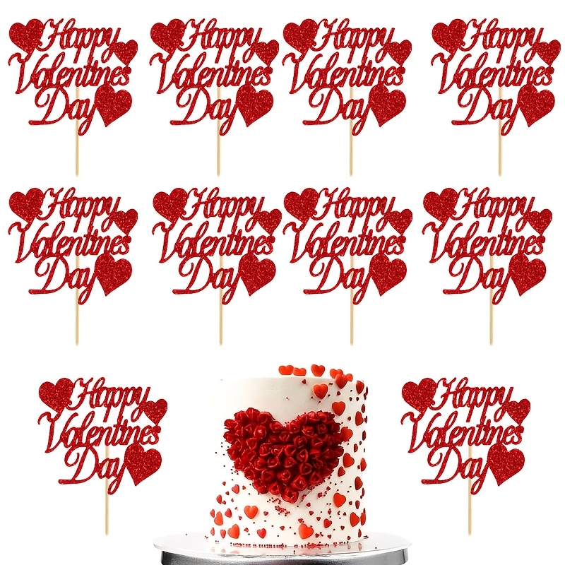 

10pcs Valentine's Day Cake Toppers, Red Glitter , Material, No Feather, Non-electric, Romantic Celebration Supplies For Cupcakes And Desserts