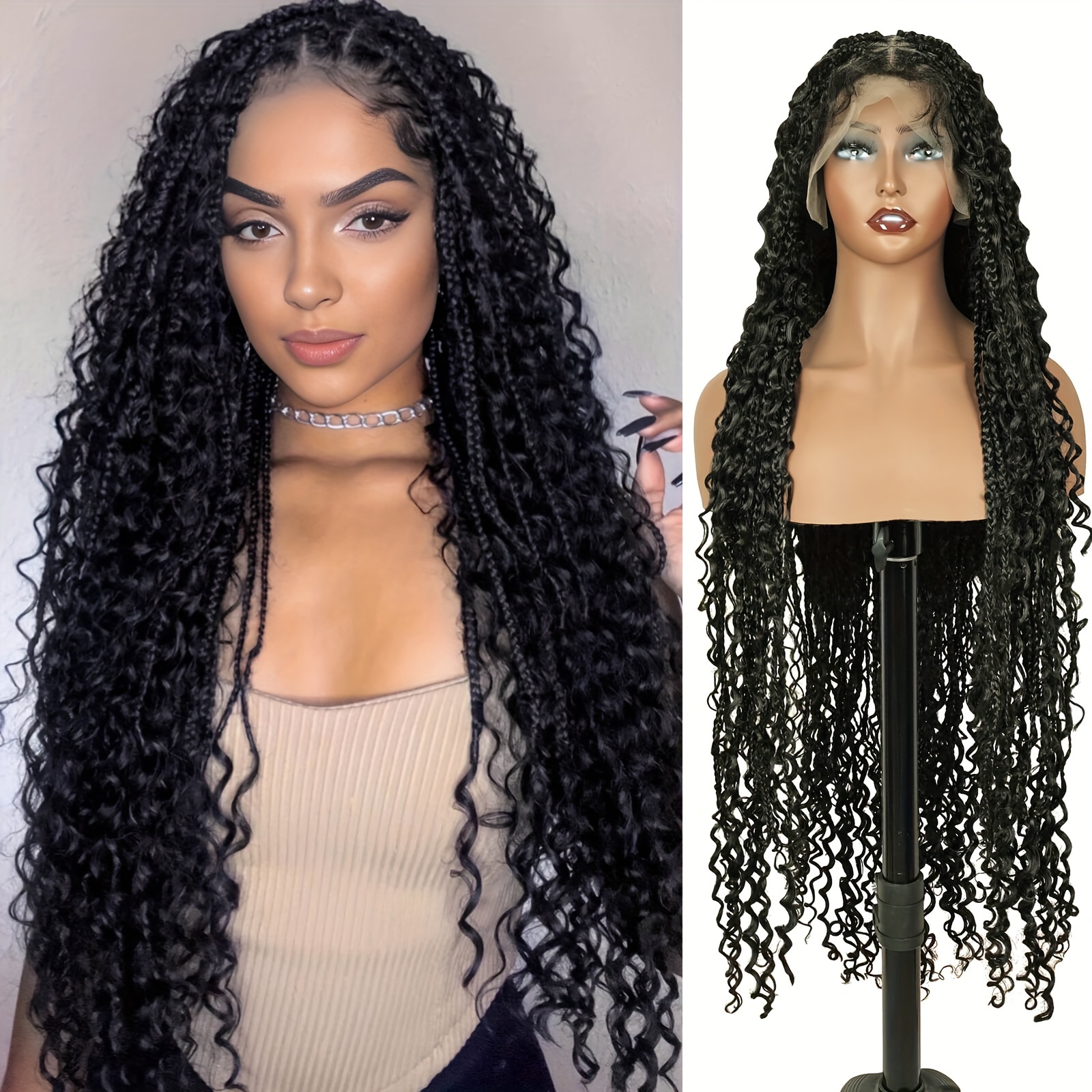 TEMU Elegant Boho Box Braid Wig With Curly Ends - Full Double Lace Front, Hand-woven Long Black Braids For Women, Festive