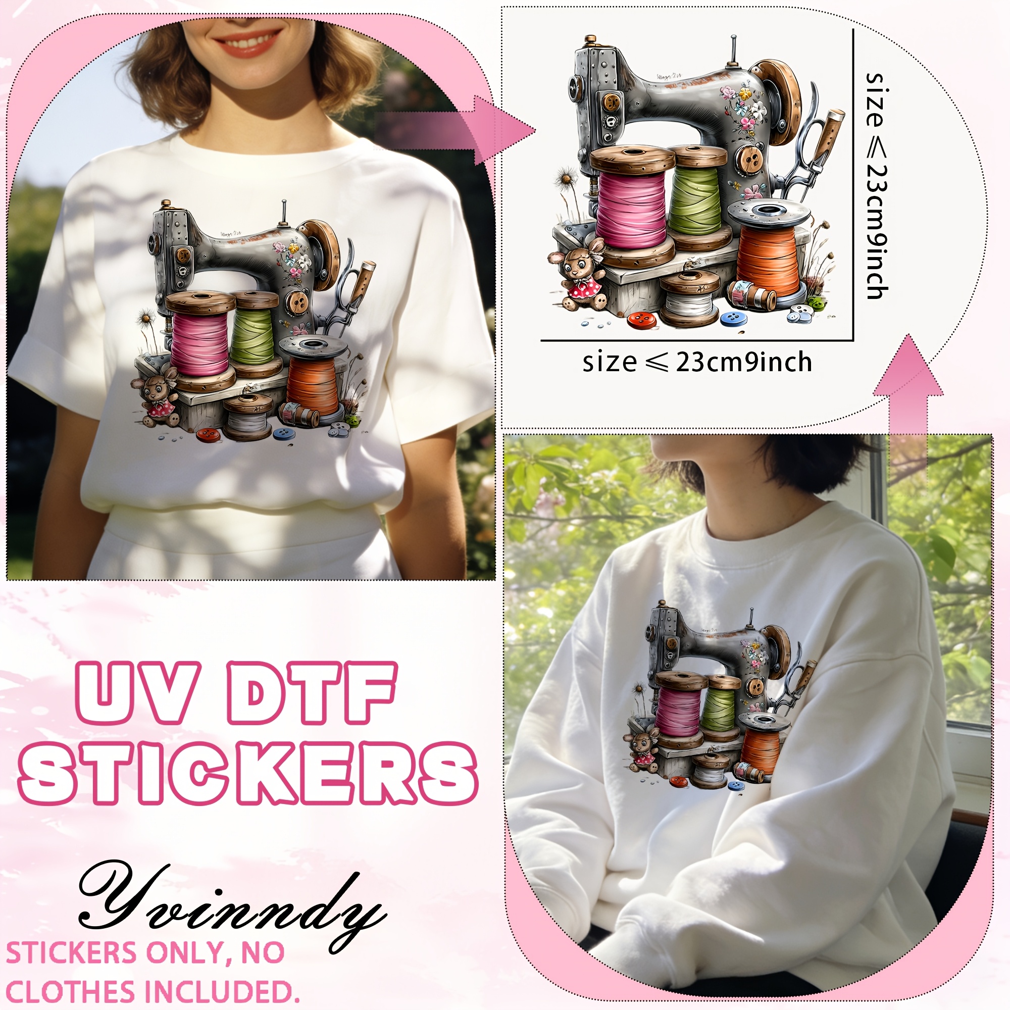 TEMU Set de 6 Stickers de Transferencia de con Temática de Costura, Ideales para Prensa DTF. Parches de Vinilo Térmico Lavables con UV son Perfectos