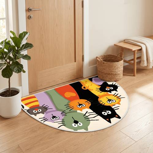 flannel 1pc cartoon colorful cat half circle indoor mat cute multi cat print washable entrance and bedroom rug multiple sizes home decor
