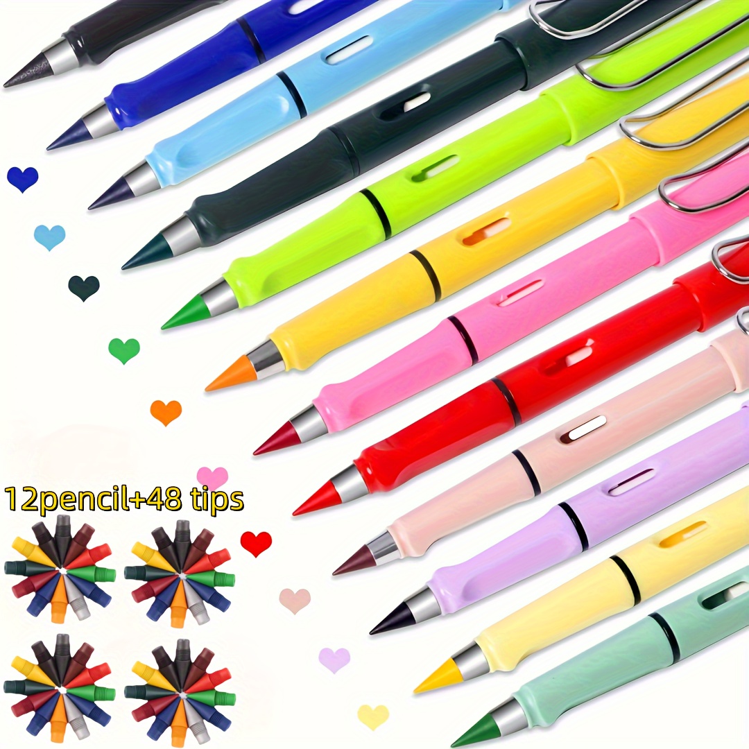 

12 Colors Forever Pencil With 48 Tips- Long Lasting Writing Infinity Pencil, Never Sharpen Everlasting Inkless Pencil For Sketch, Drawing, School Supplies Eternal Pencil