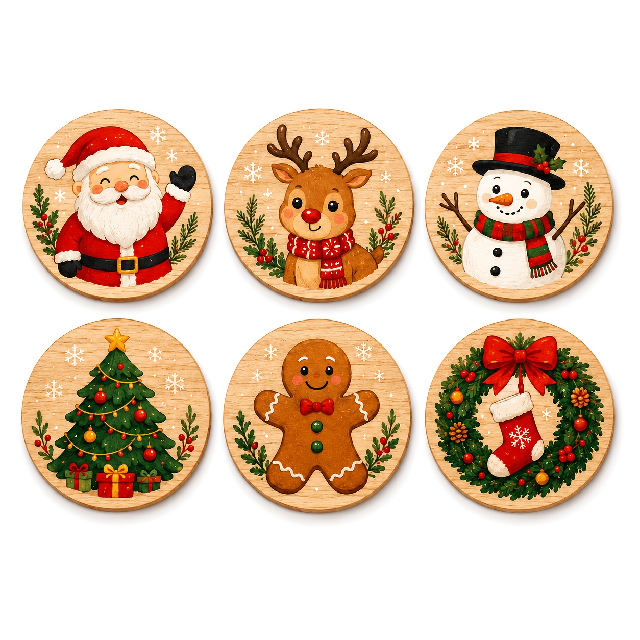 TEMU 6pcs Wood Christmas Coasters Suitable For Christmas Table Decor - Wood Coaster Set With Santa, Reindeer, Snowman, Gingerbread For Man, Tree &