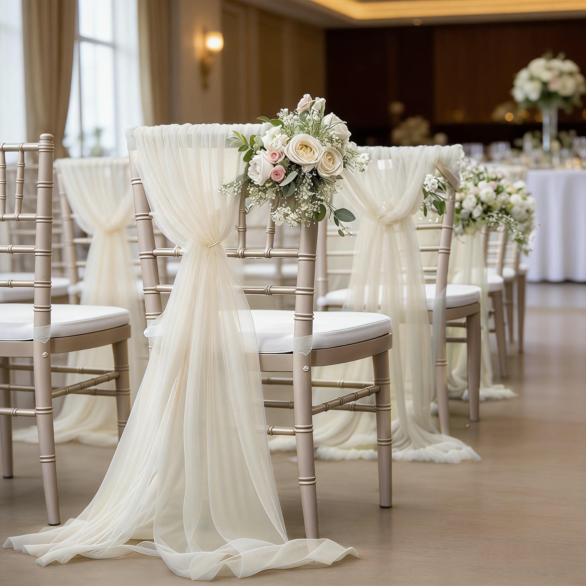 Image of 2pcs Ivory Tulle Wedding Chair Sashes Cover Aisle Decorations, Draping Fabric Ivory For Party Ceremony Reception Floral Arrangement Banquet Outdoor Decor