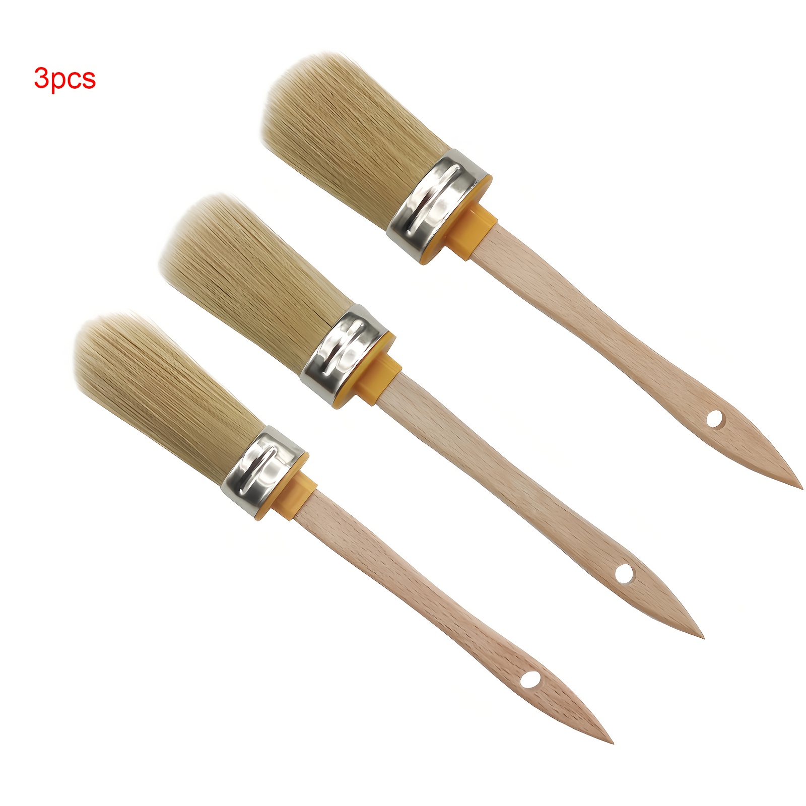 Image of 3pcs Round Head Brush Chalk Paint Brushes Wooden Handle Painting Wax Brushes For Home Wall Deco Painting Latex Coating Cleaning Paint