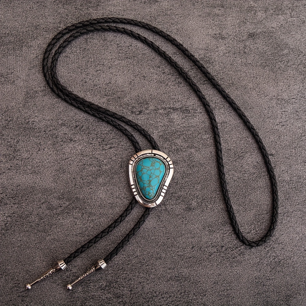 Western Style Bolo Tie Necklace with Turquoise Stone, Adjustable Length